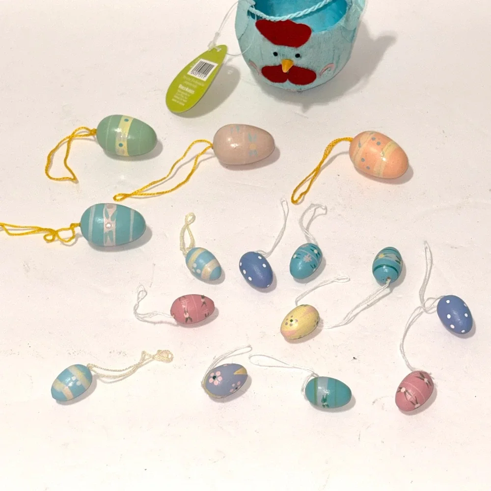 World Market Easter Blue Chicken Crepe Paper Basket & 14 Wooden Egg Ornaments